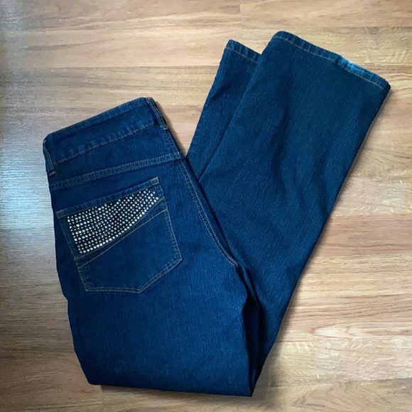 Bill Blass dark wash stretch boot cut jean with perfect rhinestone and studs, 8 - Picture 6 of 8